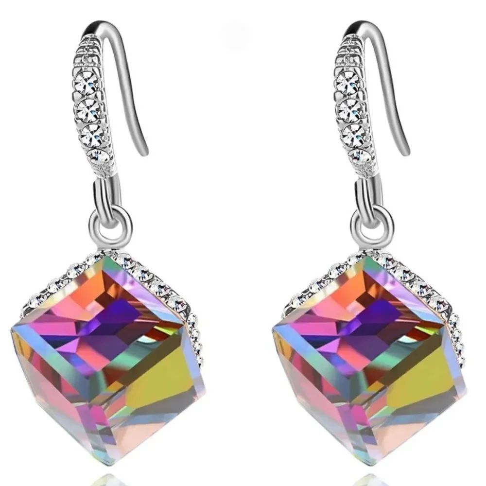 14K White Gold with Rainbow Topaz and Diamond Austrian Crystal Cube Earrings